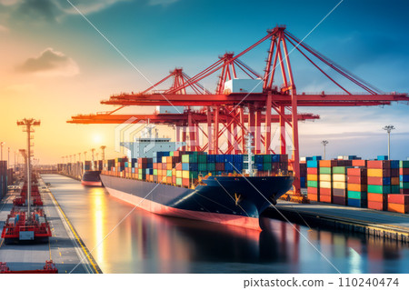 Container ships docked at huge ports support cargo transportation and export/import trade in the world's logistics. "AI image generation" 110240474
