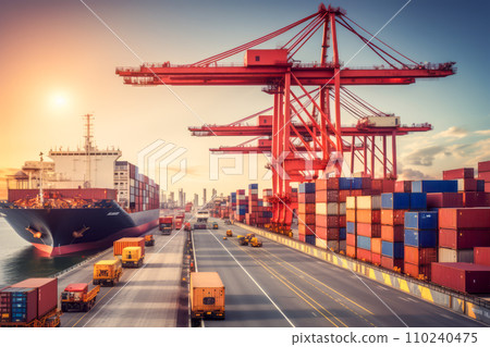 Container ships docked at huge ports support cargo transportation and export/import trade in the world's logistics. "AI image generation" 110240475