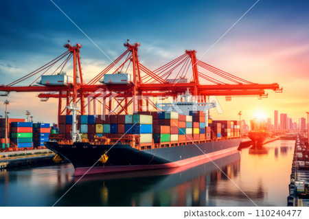 Container ships docked at huge ports support cargo transportation and export/import trade in the world's logistics. "AI image generation" 110240477