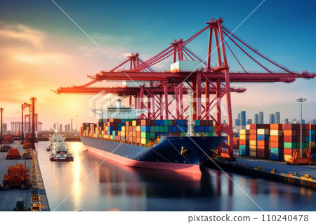 停靠在大型港口的貨櫃船支撐著世界物流的貨物運輸和進出口貿易。 《AI圖像生成》 110240478