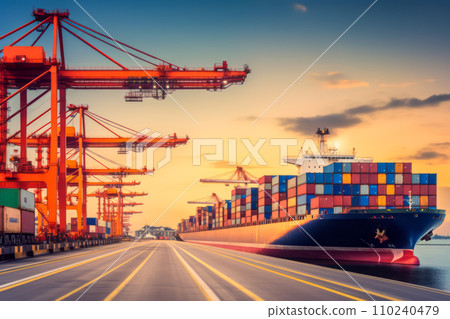 Container ships docked at huge ports support cargo transportation and export/import trade in the world's logistics. "AI image generation" 110240479
