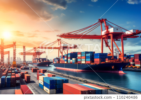 Container ships docked at huge ports support cargo transportation and export/import trade in the world's logistics. "AI image generation" 110240486