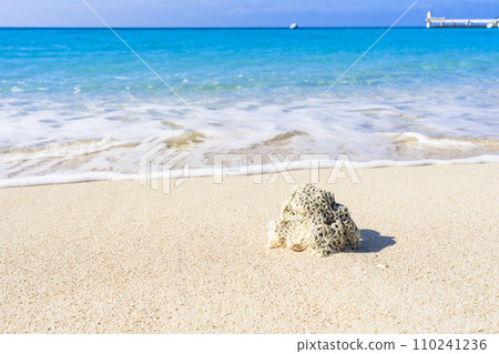 沖繩縣名護市Busena海洋公園的白色沙灘和藍色大海，被沖走的珊瑚 110241236
