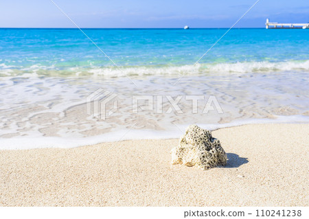 White sand beach and blue sea of Busena Marine Park, washed up coral, Nago City, Okinawa Prefecture 110241238