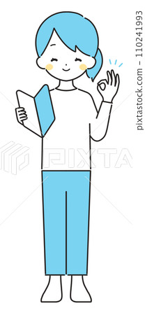 Light blue | Woman in casual clothes with beginner's mark | OK sign 110241993