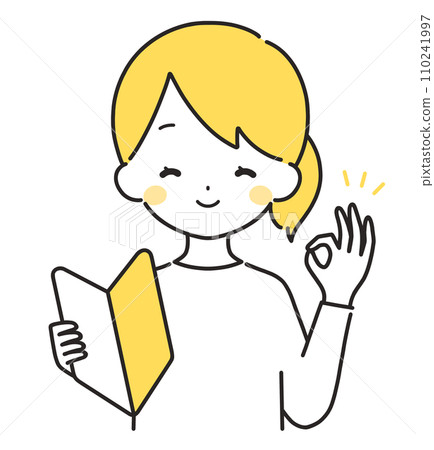 黃色 | 穿著便衣的女人，帶有初學者標記 | OK 標誌 110241997