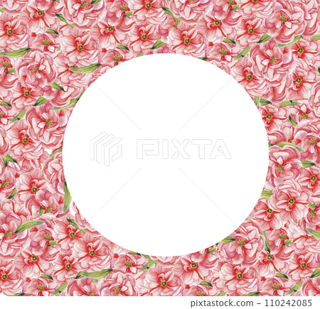 Watercolor pink peony floral frame. Hand drawn summer flowers square frame on pink background with green leaves for invitation, card,wedding , label, florist shop design Watercolor pink peony floral frame. Hand drawn summer flowers square frame on pink background with green leaves for invitation, card,wedding , label, florist shop design 110242085