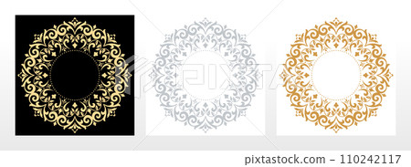 Set of decorative frames Elegant vector element for design in Eastern style, place for text. Floral black, gold and gray borders. Lace illustration for invitations and greeting cards 110242117