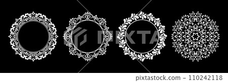 Set of decorative frames Elegant vector element for design in Eastern style, place for text. Floral black and white borders. Lace illustration for invitations and greeting cards. 110242118