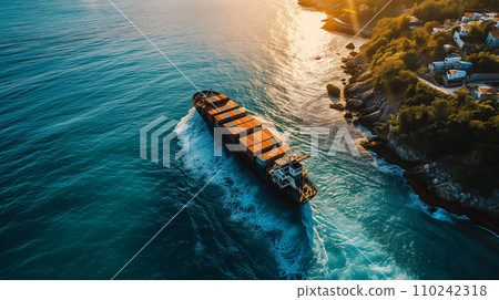 Aerial view container cargo ship, import export commerce business trade logistic and transportation of International by container cargo ship boat in the open sea, generative ai. 110242318