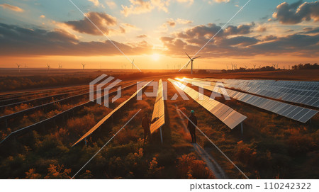 Aerial view of engineer standing on Solar panels and wind turbines generating renewable energy for green and sustainable future, Green enregy, Generative ai. Aerial view of engineer standing on Solar panels and wind turbines generating renewable energy for green and sustainable future, Green enregy, Generative ai. 110242322