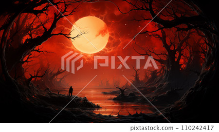 A haunting landscape bathed in a crimson hue under an ominous red moon; evoking a sense of otherworldly dread. This image could be effectively used in graphic novels; atmospheric video games; or as 110242417