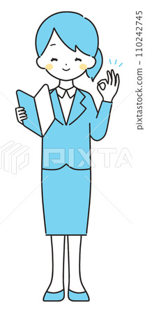 Light blue | Woman in suit with beginner mark | OK sign 110242745