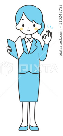 Light blue | Woman in suit with beginner mark | OK sign 110242752