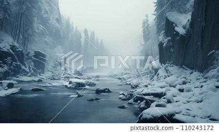 Frozen winter land and River AI generated image 110243172