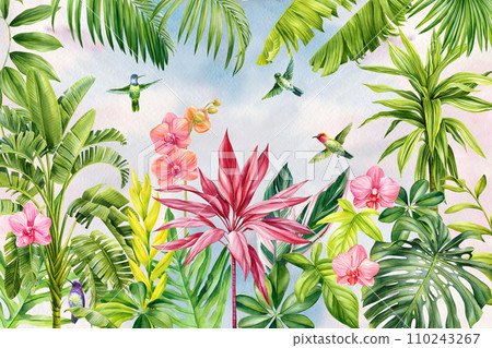 Tropic Background with birds, jungle, flowers and trees, banana palms. Tropical wallpaper design with exotic plant  110243267