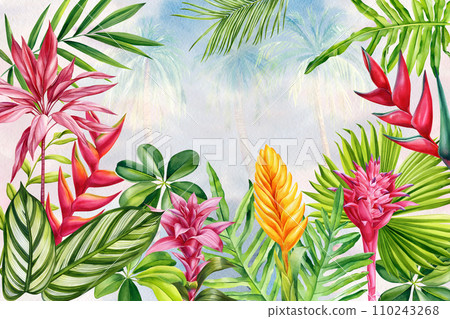 Colorful Flowers, palm leaves. Watercolor Tropical floral background. Tropical wallpaper design with exotic plant  110243268