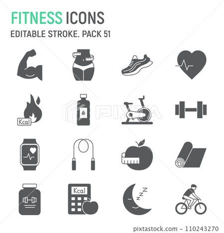 Fitness glyph icon set, sport collection, vector graphics, logo illustrations, healthy lifestyle vector icons, weight loss signs, solid pictograms, editable stroke 110243270