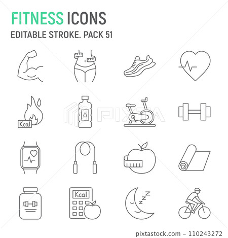 Fitness line icon set, sport collection, vector graphics, logo illustrations, healthy lifestyle vector icons, weight loss signs, outline pictograms, editable stroke 110243272