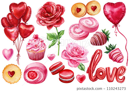 Love set sweet isolated white background. Heart balloons, cookie, rose. Valentines day, watercolor Party decoration Love set sweet isolated white background. Heart balloons, cookie, rose. Valentines day, watercolor Party decoration 110243273