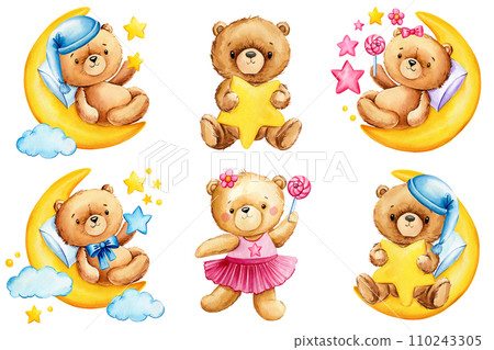Cute teddy bear set isolated on white background. Watercolor hand draw illustration. Bear with cloud, star and moon Cute teddy bear set isolated on white background. Watercolor hand draw illustration. Bear with cloud, star and moon 110243305