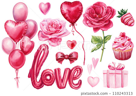 Love set isolated white background. Heart balloons, cookie, rose. Valentines day, watercolor love clipart decoration Love set isolated white background. Heart balloons, cookie, rose. Valentines day, watercolor love clipart decoration 110243313