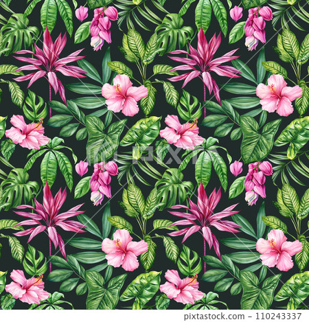 Exotic floral pattern. tropical plant in summer print. Watercolor tropical palm leaves, flowers, jungle seamless pattern 110243337