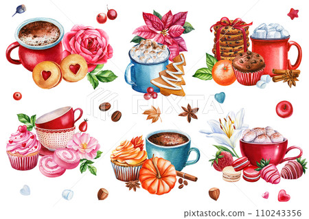 Sweet set Watercolor Illustration, Hot drink, desserts and bakery drawing isolated on white background. 110243356