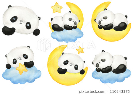 Set Panda, cloud and moon hand drawn watercolor Illustration. Cute little panda isolated white background. funny Animal 110243375