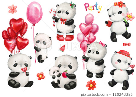 Cute little panda watercolor hand drawn illustrations, Baby animal set on isolated background for poster, card, design Cute little panda watercolor hand drawn illustrations, Baby animal set on isolated background for poster, card, design 110243385