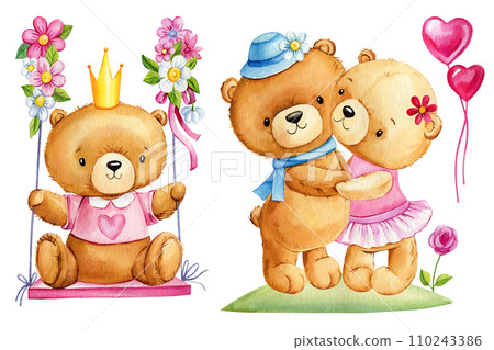 Pair Teddy, bear on a swing, pink flowers on isolated white background. Watercolor illustration, cute baby bear Pair Teddy, bear on a swing, pink flowers on isolated white background. Watercolor illustration, cute baby bear 110243386