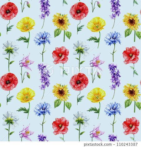 Seamless pattern with summer wildflowers watercolor. Floral design elegant botanical background. Colorful Garden flowers Seamless pattern with summer wildflowers watercolor. Floral design elegant botanical background. Colorful Garden flowers 110243387