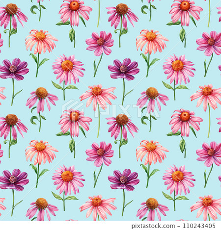 Seamless pattern with spring wildflowers watercolor. Floral design, elegant botanical blue background. Echinacea flowers Seamless pattern with spring wildflowers watercolor. Floral design, elegant botanical blue background. Echinacea flowers 110243405
