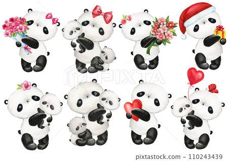 Cute set panda bear hand drawn watercolor on white isolated background. Hand drawn illustration funny animals Cute set panda bear hand drawn watercolor on white isolated background. Hand drawn illustration funny animals 110243439