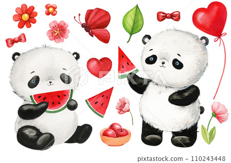 Cute cartoon panda and watermelon set on isolated background. Watercolor Illustration. Teddy panda bear, valentines day 110243448