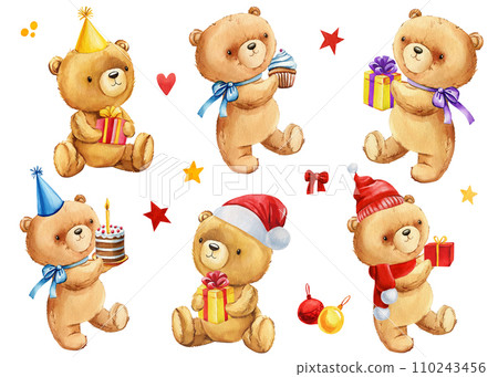 Watercolor hand drawn bear on white isolated background for cards, invitations. Cute cartoon watercolor teddy bears set 110243456