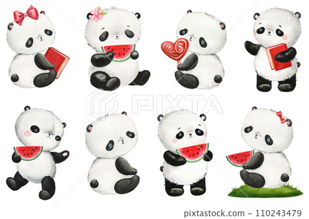 Cute panda with watermelon on isolated background. Watercolor Illustration. Teddy panda bear set for design, clipart 110243479