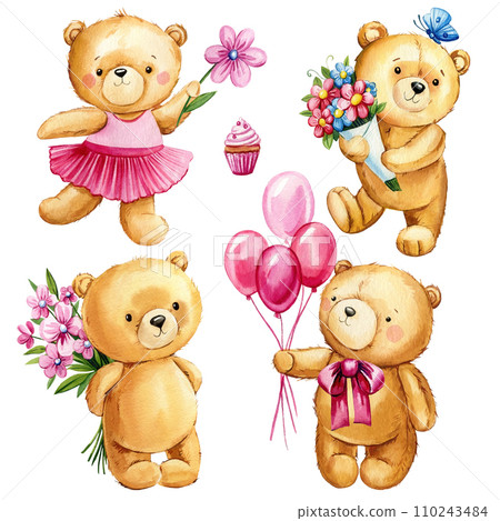 Set cute Teddy bears with balloon and flowers on isolated background. Watercolor illustration, clipart for kids party Set cute Teddy bears with balloon and flowers on isolated background. Watercolor illustration, clipart for kids party 110243484