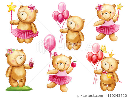 Set cute Teddy bears with balloons on isolated... - Stock Illustration ...