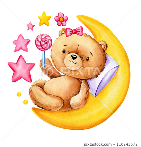 Cute teddy bear with star, lollipop and moon isolated on white background. Watercolor hand draw illustration teddy bear 110243572
