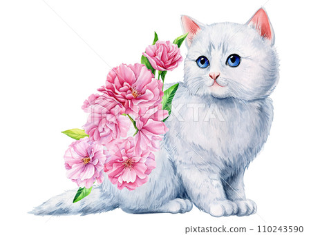 Cute white cat with pink apple flowers, sakura. Watercolor painting illustration, Spring Animal for design, poster, card Cute white cat with pink apple flowers, sakura. Watercolor painting illustration, Spring Animal for design, poster, card 110243590