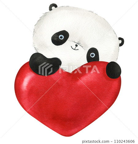 Cute cartoon panda and red heart on isolated background. Watercolor Illustration. Teddy panda bear, valentines day 110243606
