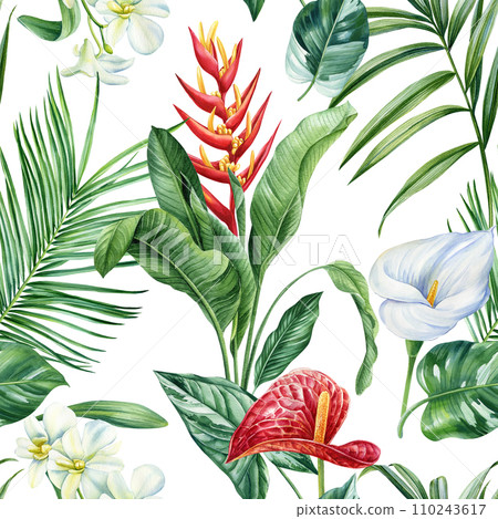 Exotic floral pattern. tropical plant in summer print. Watercolor tropical palm leaves, flowers, jungle seamless pattern Exotic floral pattern. tropical plant in summer print. Watercolor tropical palm leaves, flowers, jungle seamless pattern 110243617
