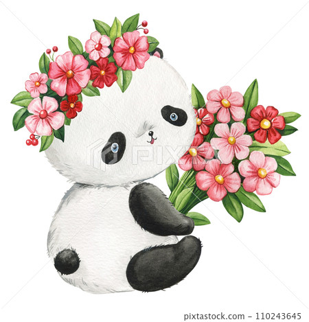 Cute funny panda bear and pink flowers hand drawn in watercolor on white isolated background. Hand drawn illustration Cute funny panda bear and pink flowers hand drawn in watercolor on white isolated background. Hand drawn illustration 110243645
