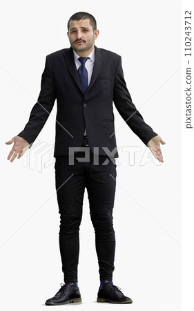 man isolated on a white background shows with his hands a sign of what to expect 110243712