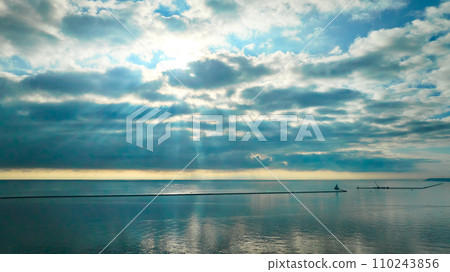 Aerial Tranquil Seascape with Crepuscular Rays, Lake Michigan 110243856