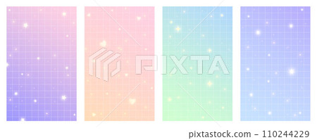 Checkered gradient background with stars. Set of pastel holographic kawaii backdrops. Abstract vector purple squared wallpapers for design. Checkered gradient background with stars. Set of pastel holographic kawaii backdrops. Abstract vector purple squared wallpapers for design. 110244229