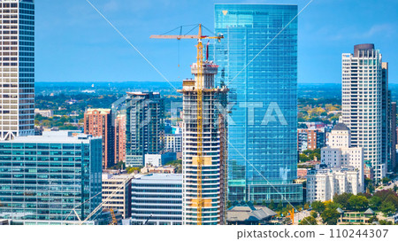 Aerial View of Urban Development and Skyscrapers in Milwaukee 110244307