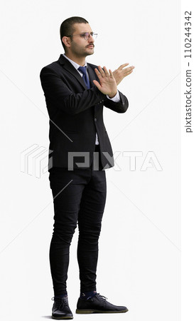 young man in full growth. isolated on white background showing cancel sign with hand 110244342
