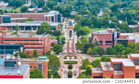 Shafer Tower at Ball State University aerial Muncie Indiana, summer day heart of campus 110244451